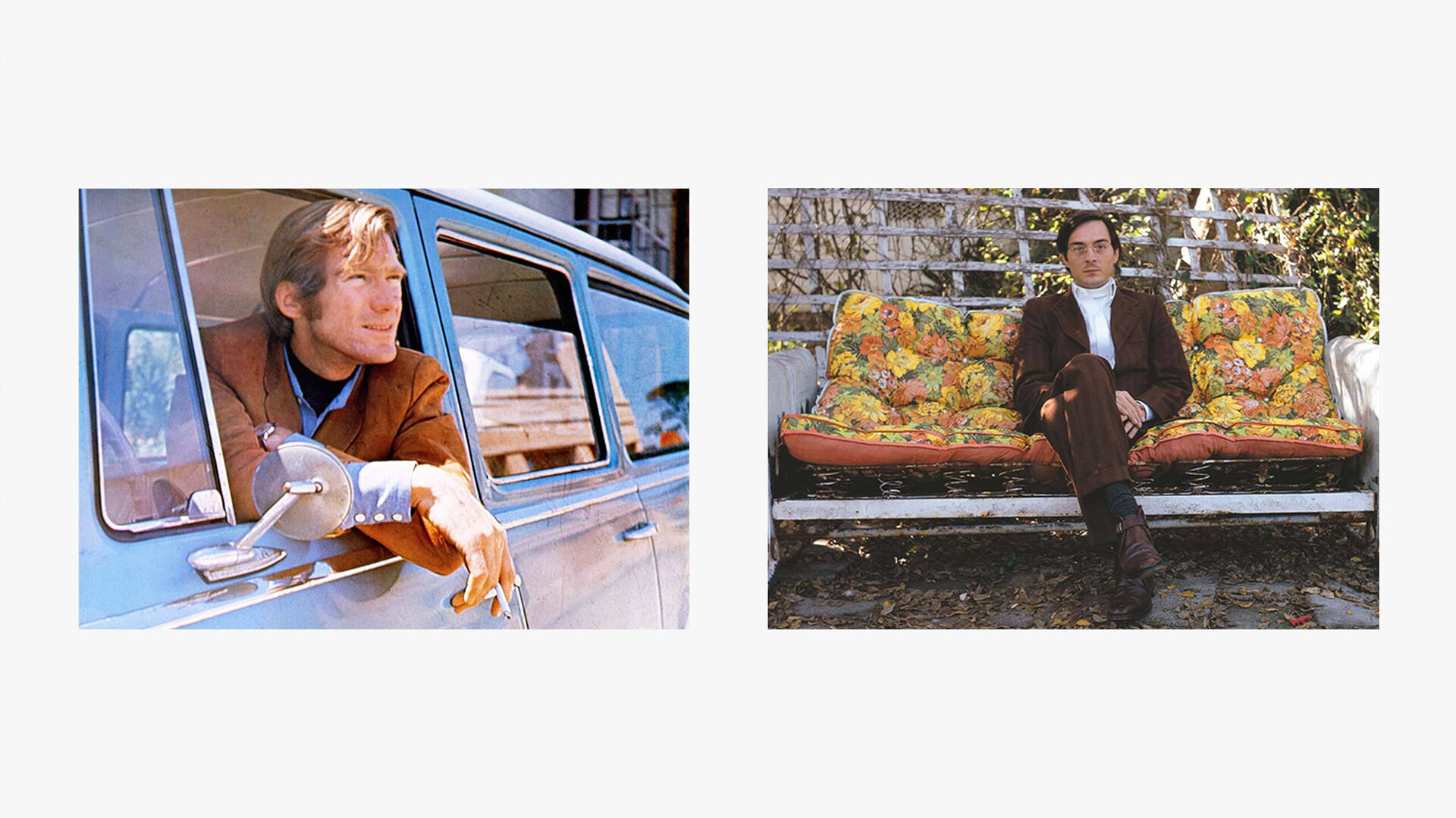 A composite of two photos, (Left) John McCracken in 1969; (Right) William Eggleston, a self-portrait, from circa1967–1970.