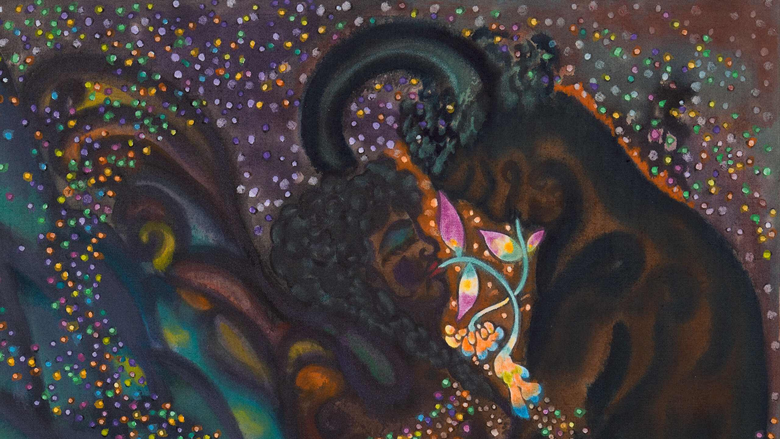 A Chris Ofili painting titled Waterfall - flower eaters, 2022 (detail view)