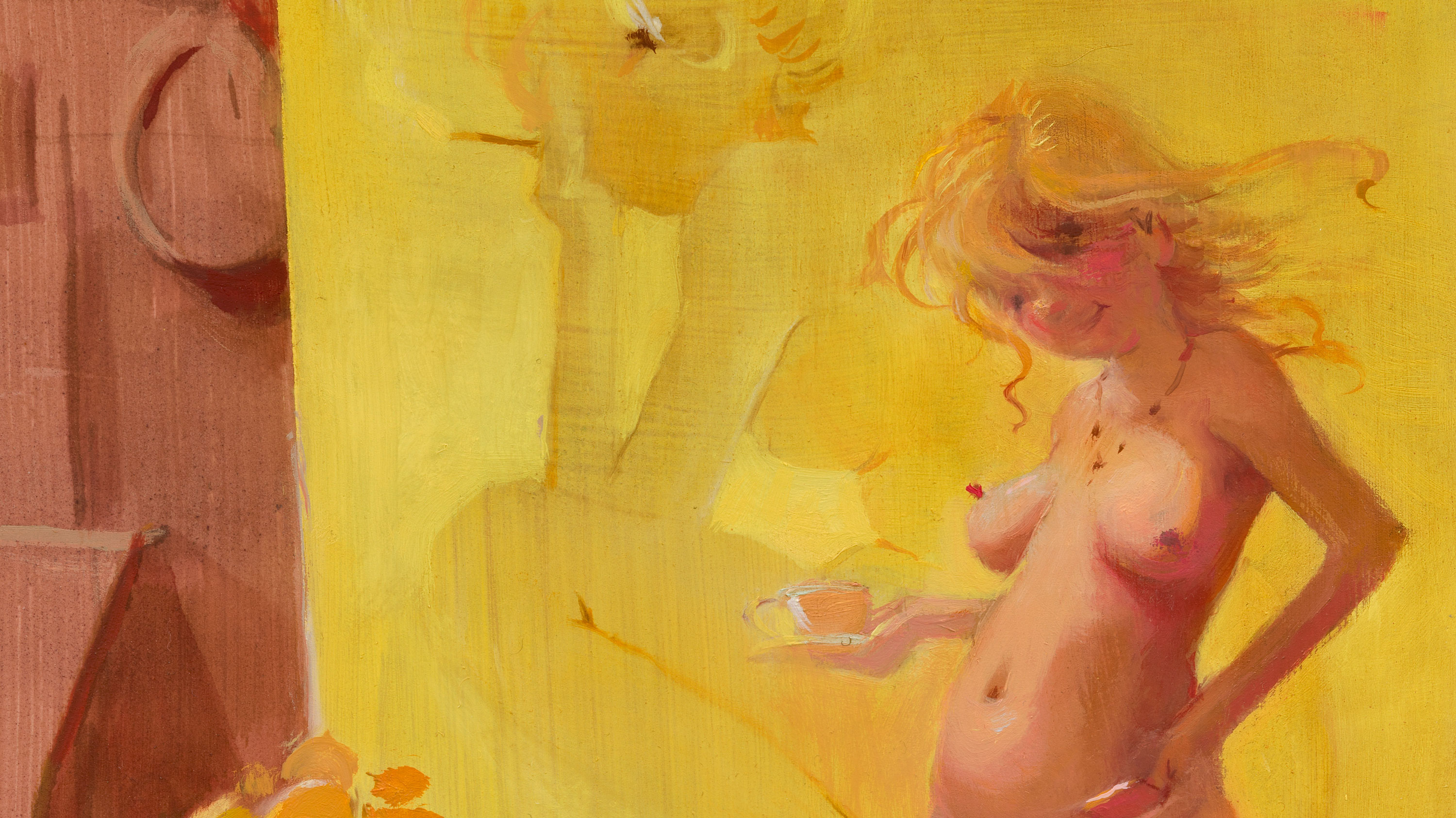A detail of a painting by Lisa Yuskavage, titled Posing with Sunflowers, dated 2023.