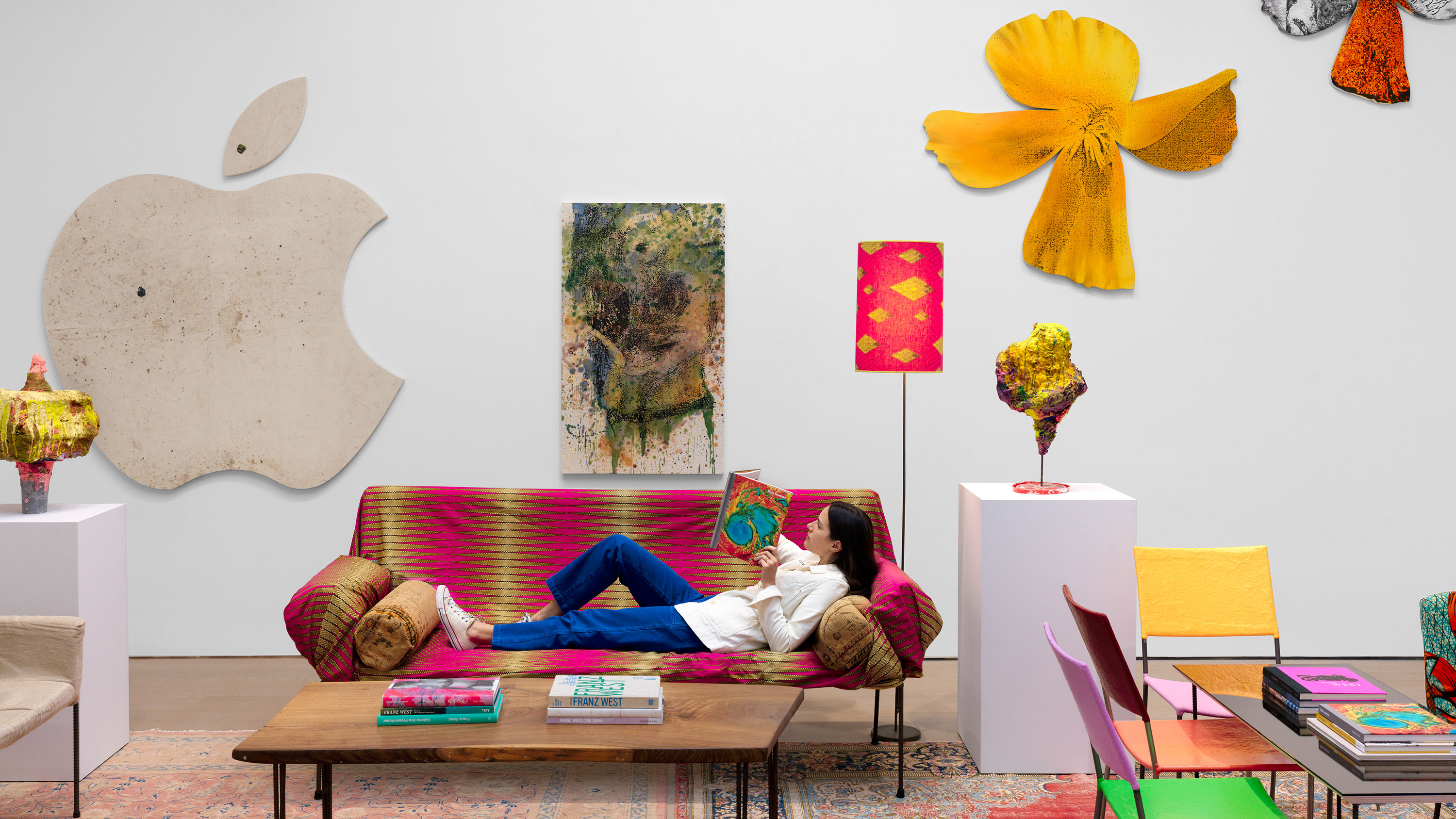 Install image of works by Nate Lowman and Franz West for Frieze New York 2024.