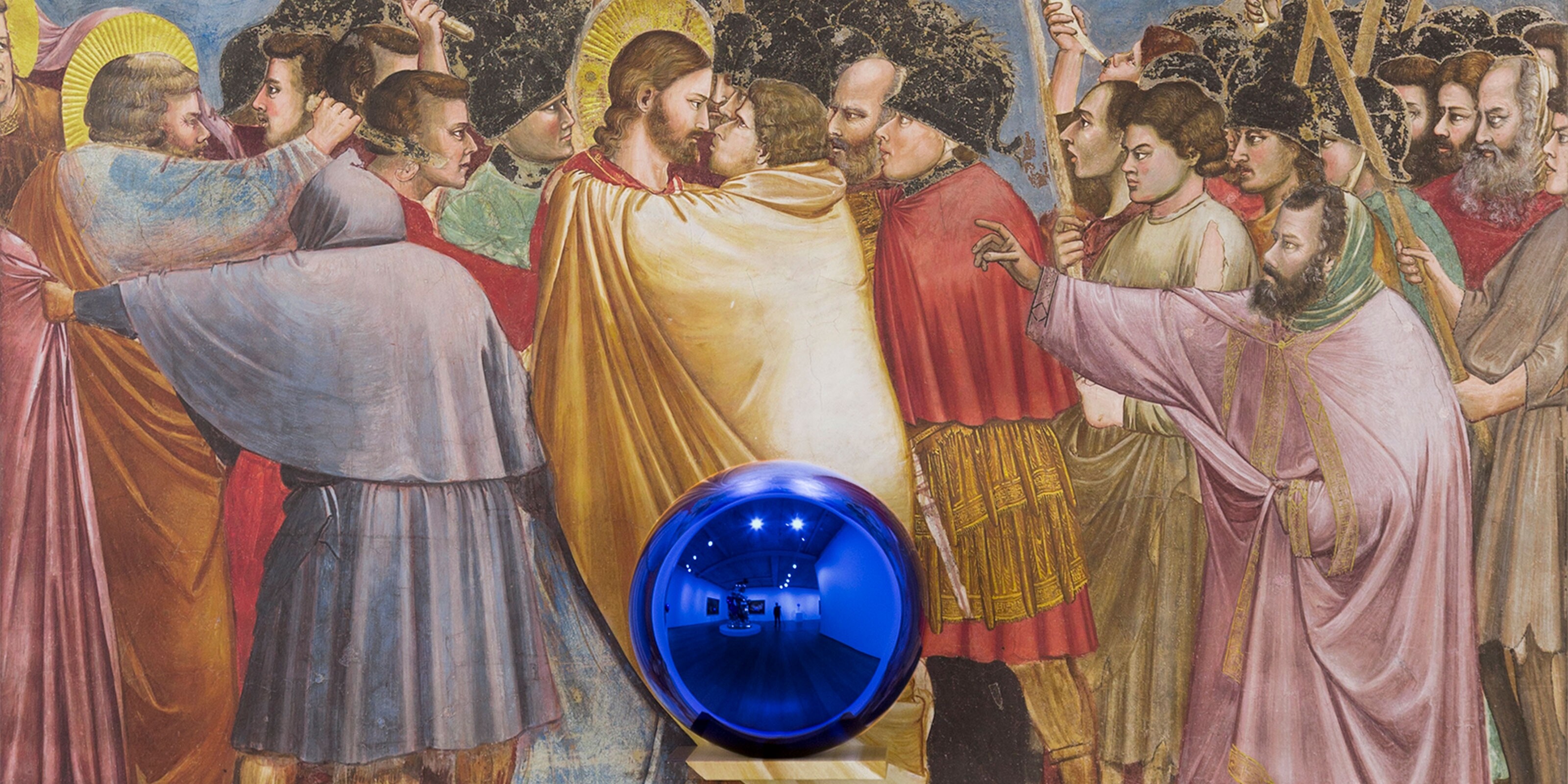 A sculpture by Jeff Koons, titled Gazing Ball (Giotto The Kiss of Judas), dated 2015-2016.