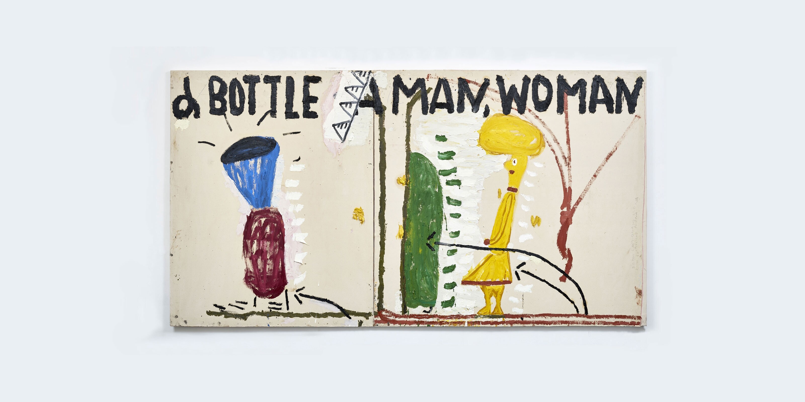 A painting by Rose Wylie, titled Yellow Man & Liquer Bottle, dated 2017.