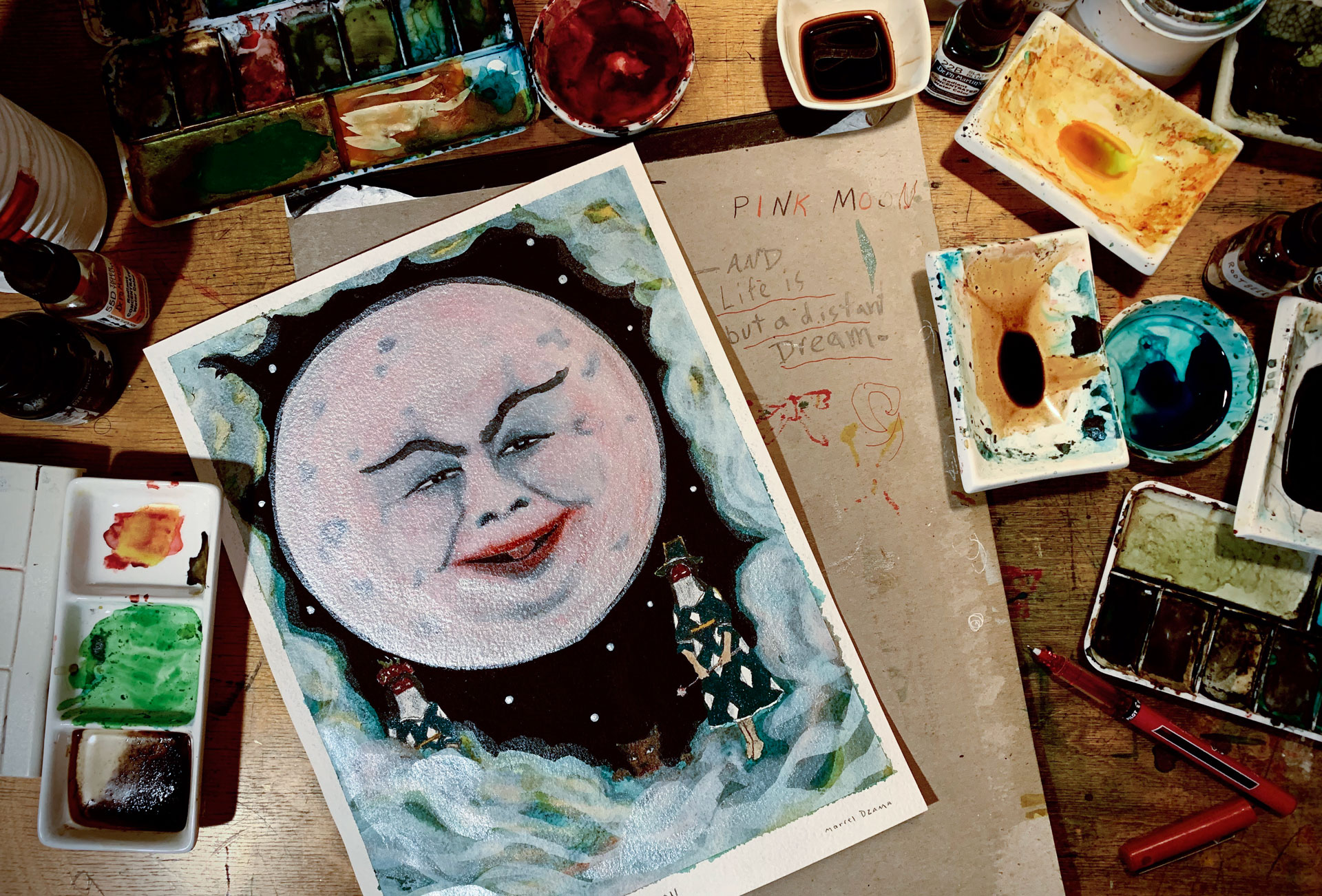 A photograph of a work by Marcel Dzama in his studio, dated 2020