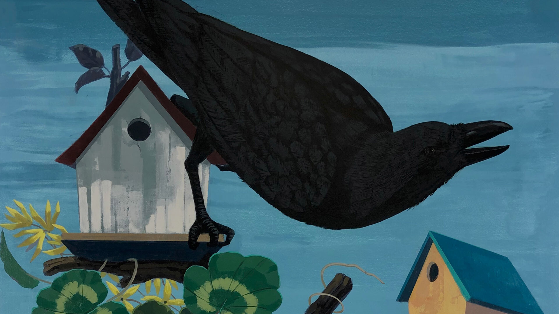 A detail from a painting by Kerry James Marshall, titled Black and part Black Birds in America: (Crow, Goldfinch), dated 2020.