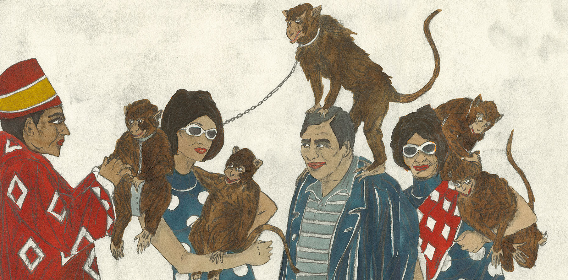 A detail from a work by Marcel Dzama, titled Tourists and monkey trainers on Jemaa el-Fnaa marketplace, dated 2018.