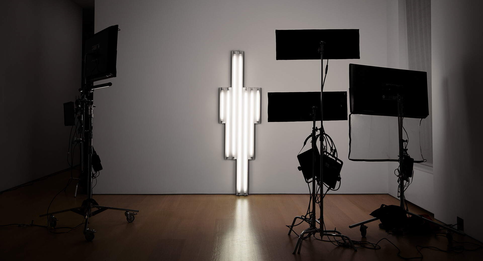 A photo of the filming set up for the miami NY viewing room livestream at David Zwirner, New York, in 2020.