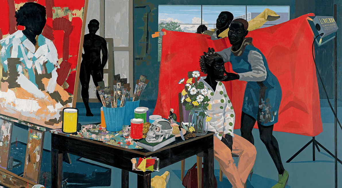 A detail from a painting by Kerry James Marshall, called Untitled (Studio), dated 2014.