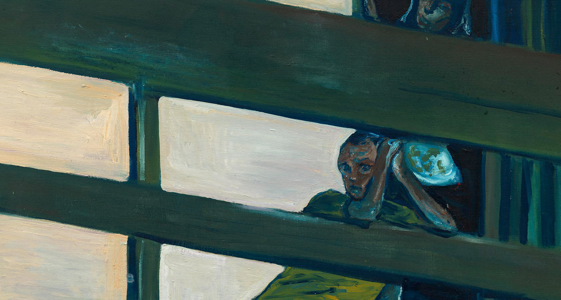 A detail from a painting by Noah Davis, titled Another balcony, dated 2009.