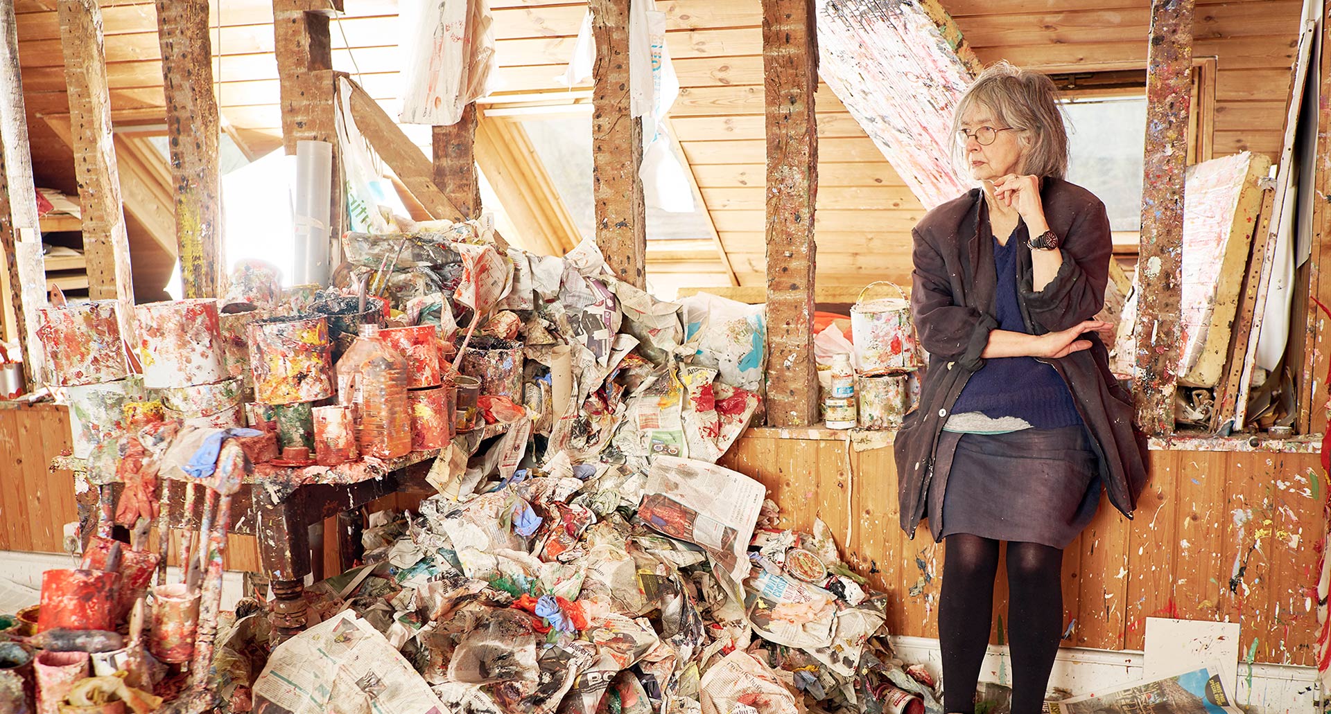 A photo of Rose Wylie in her studio in 2017. Photo by Joe McGorty.