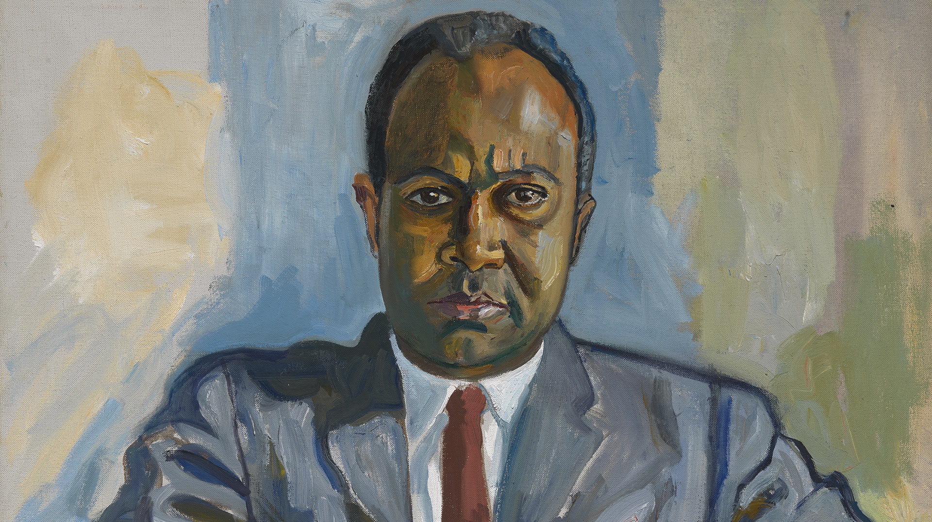 A detail from a painting by  Alice Neel, titled James Farmer, dated 1964 .