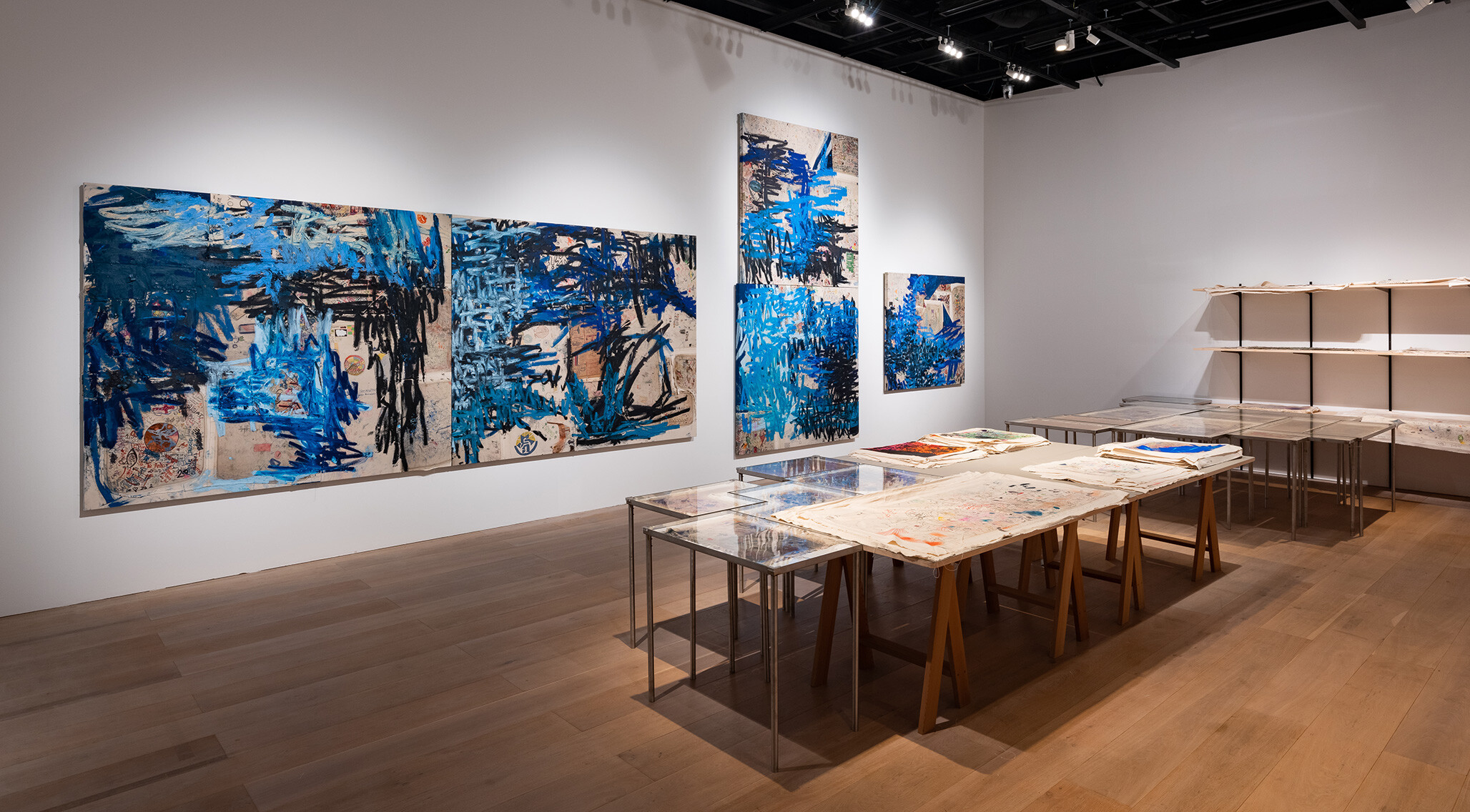 An installation view of an exhibition titled MAM Project 029: Oscar Murillo, at Mori Art Museum, Tokyo, in 2021.