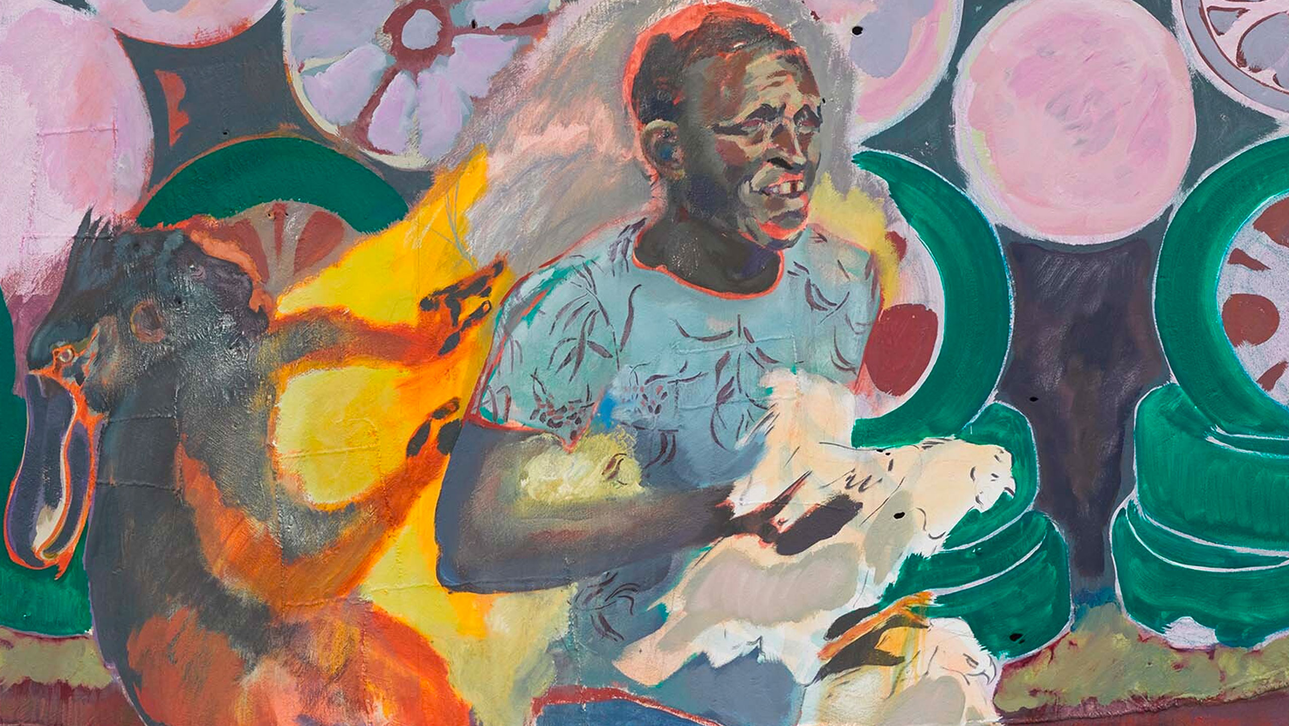 A detail of a painting by Michael Armitage, titled The Chicken Thief, dated 2019.