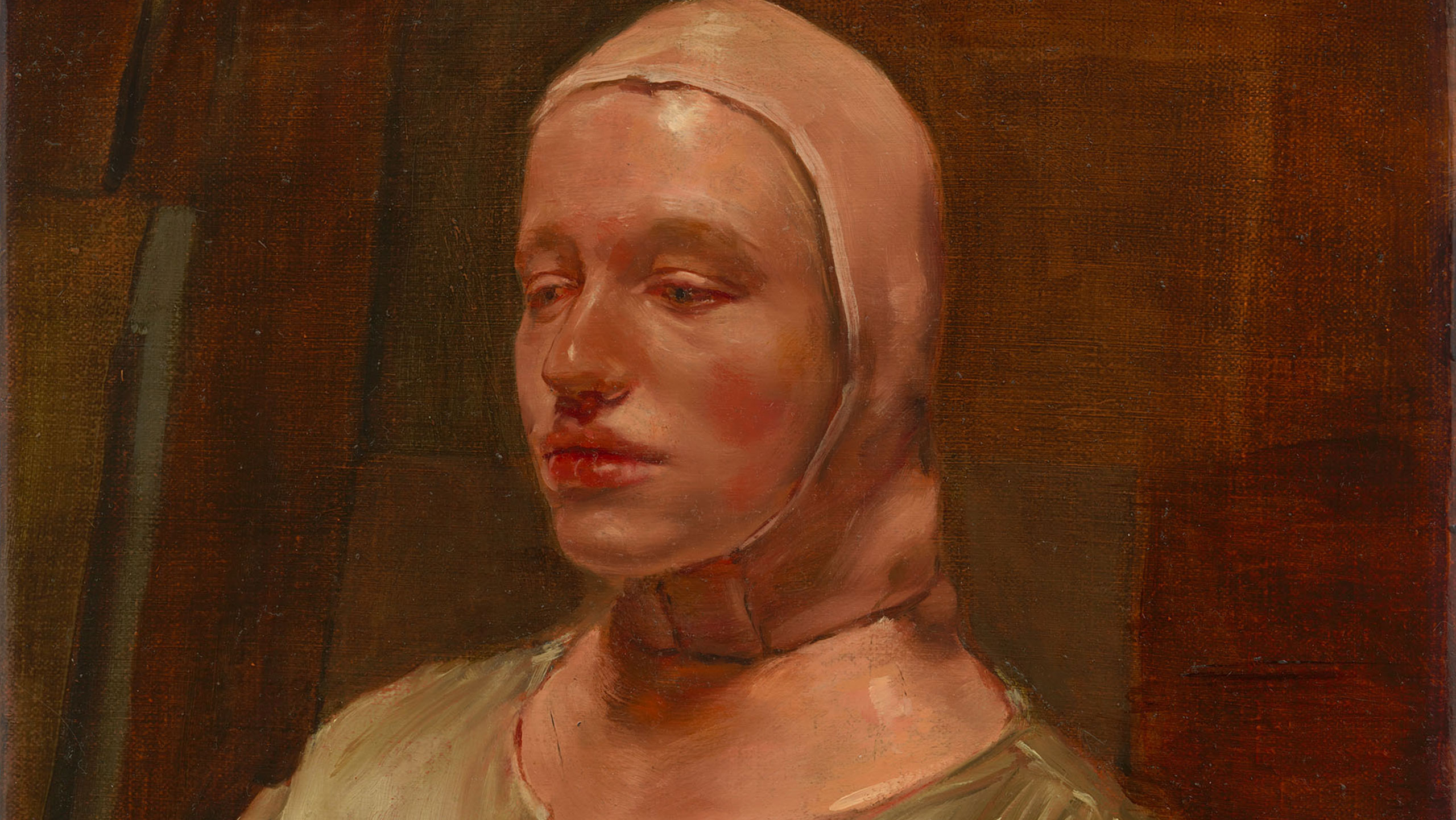 A detail of a painting by Michaël Borremans, titled The Double, dated 2022.