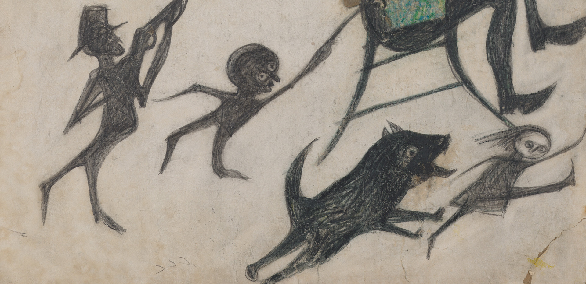 A detail from a work by Bill Traylor, titled Exciting Event (Man on Chair, Man with Rifle, Dog Chasing Girl, Yellow Bird and Other Figures), dated 1939-1942.