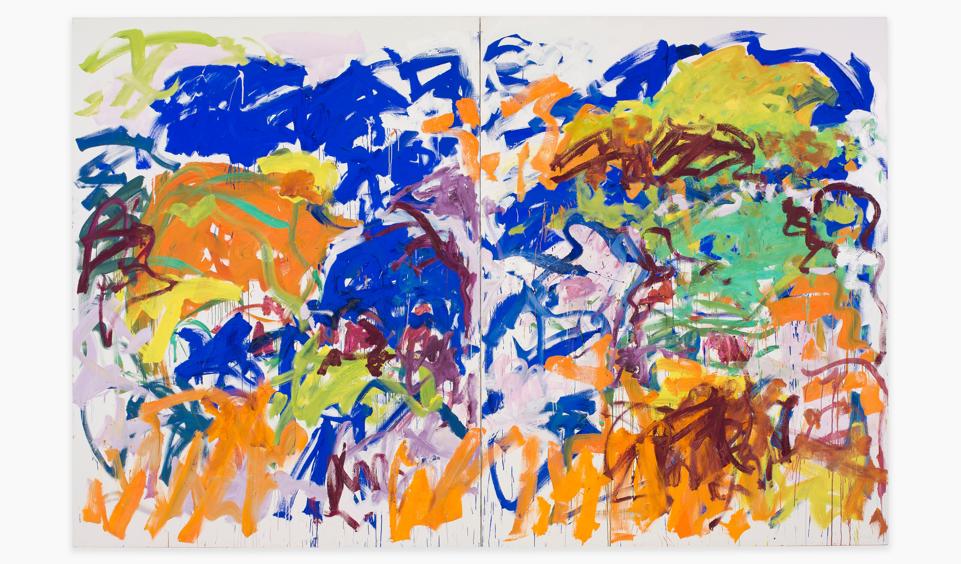A painting by Joan Mitchell, titled, Ici, dated 1992.