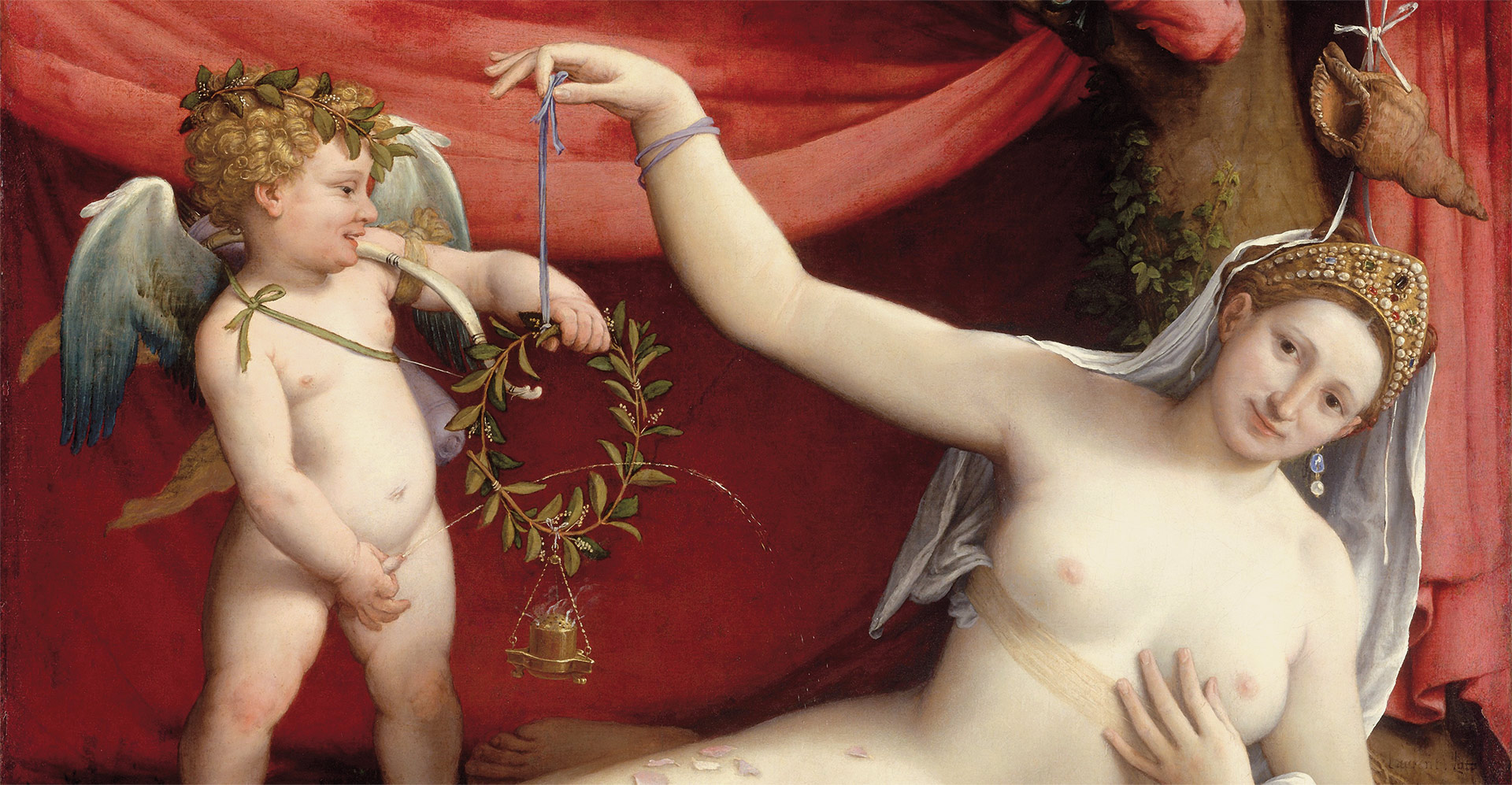 A detail from a painting by Lorenzo Lotto, titled Venus and Cupid, dated c. 1525.