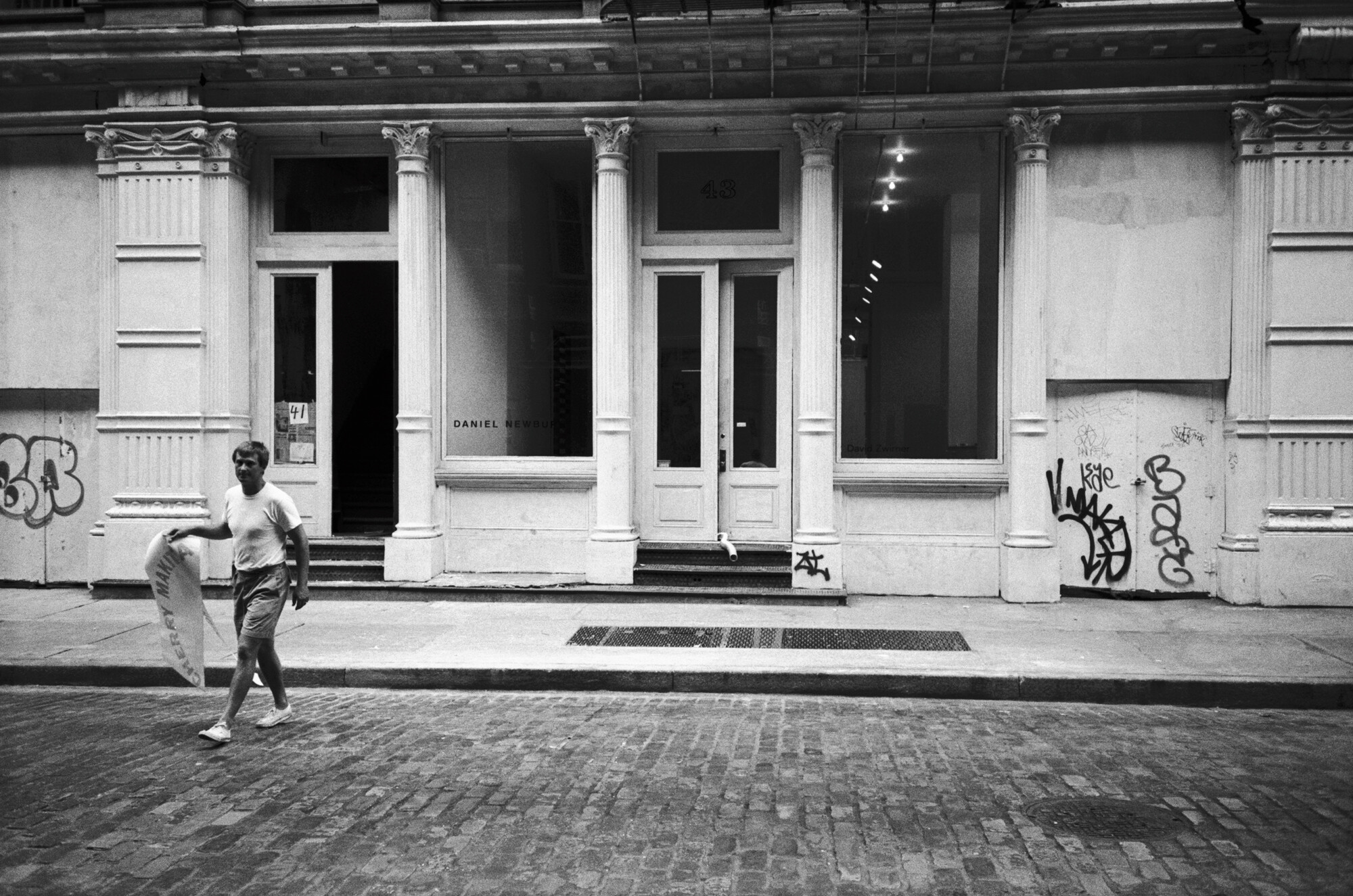 A photograph of David Zwirner outside of 43 Greene Street in New York, dated 1993.