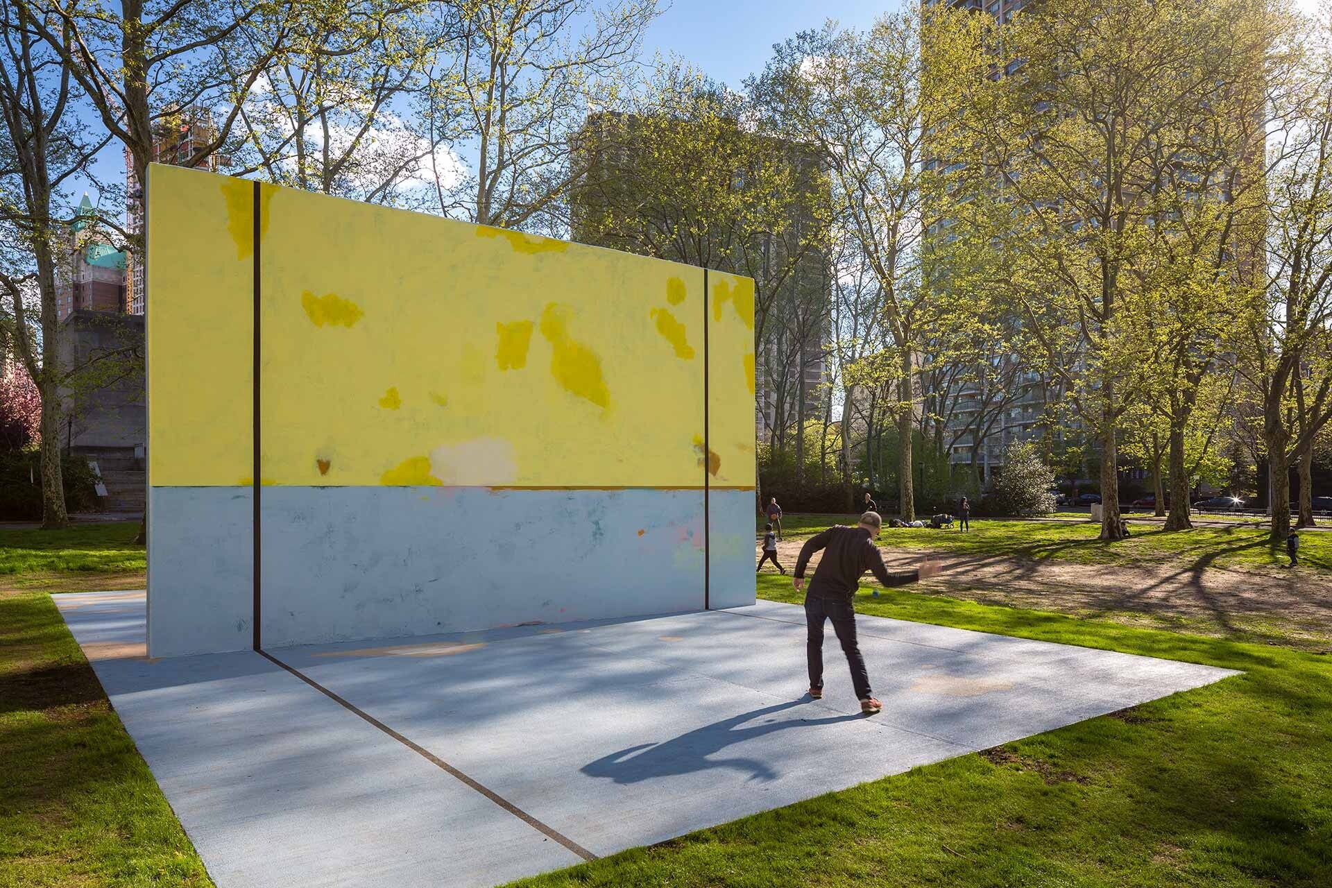 An installation by Harold Ancart, titled Subliminal Standard, Cadman Plaza Park, New York, 2019.