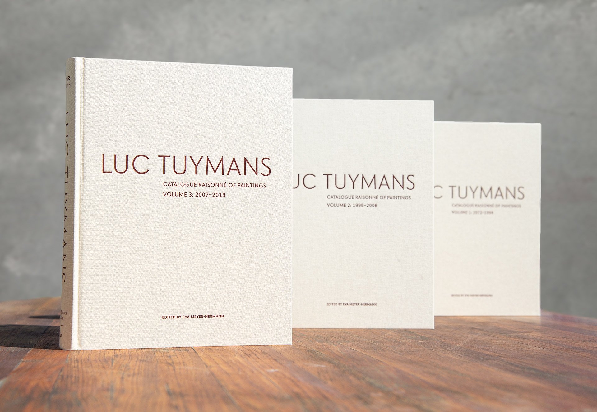 A photo of Luc Tuymans Catalogue Raisonné of Paintings, volumes 1, 2, and 3.