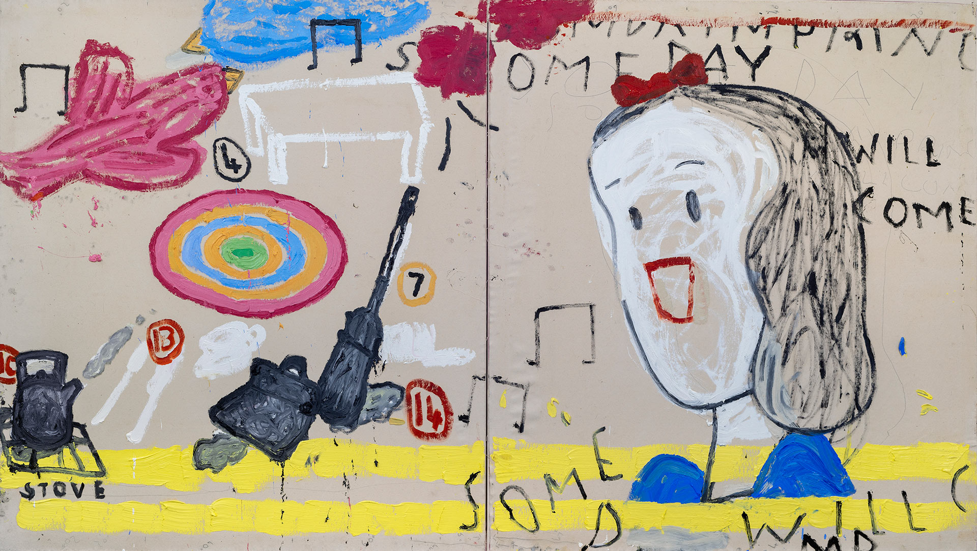 A painting by Rose Wylie, titled Snowwhite (2) One Day her Prince Will Come, dated 2018.