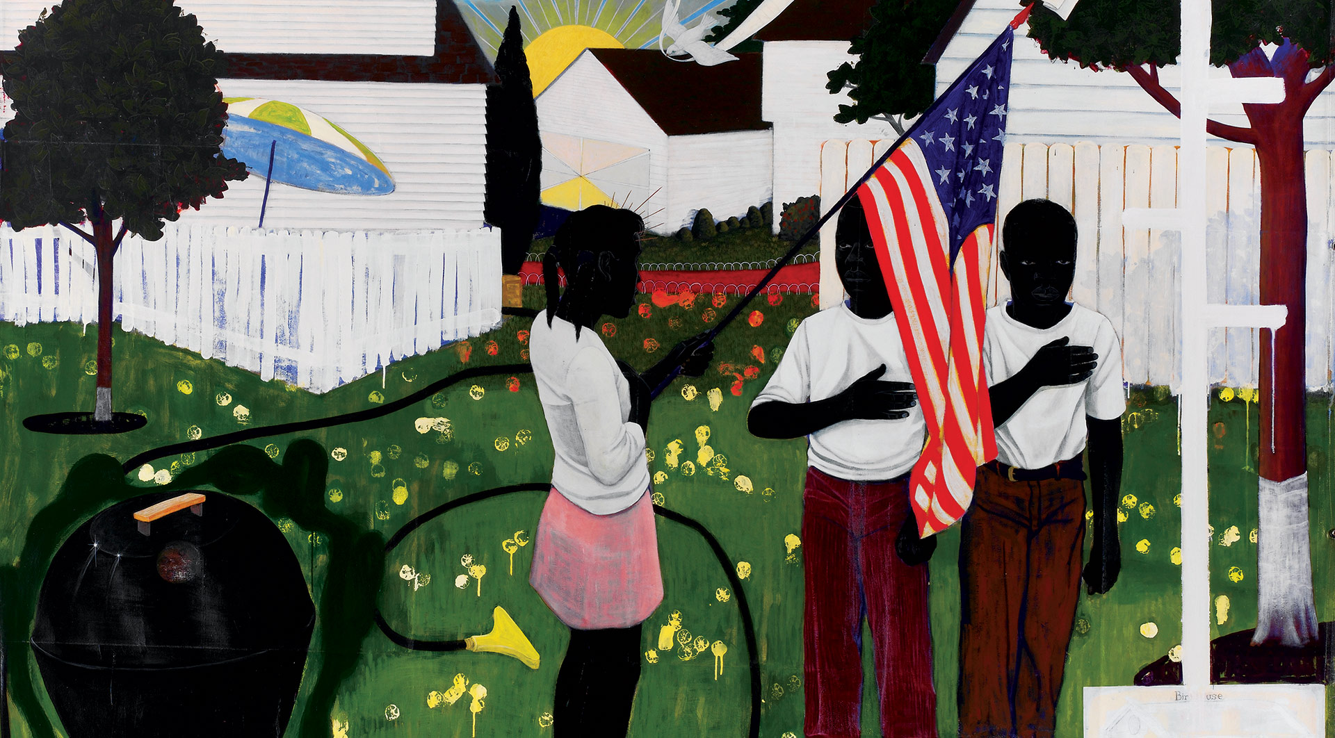 A detail from a painting by Kerry James Marshall, titled Bang, dated 1994.