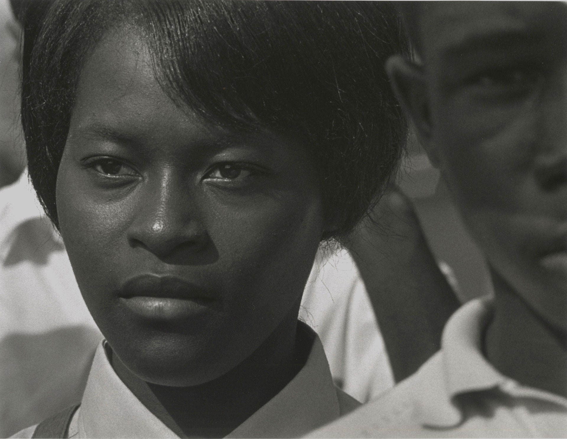 A detail of a photograph by Roy DeCarava, titled Mississippi Freedom Marcher, Washington, D.C., dated 1963. 