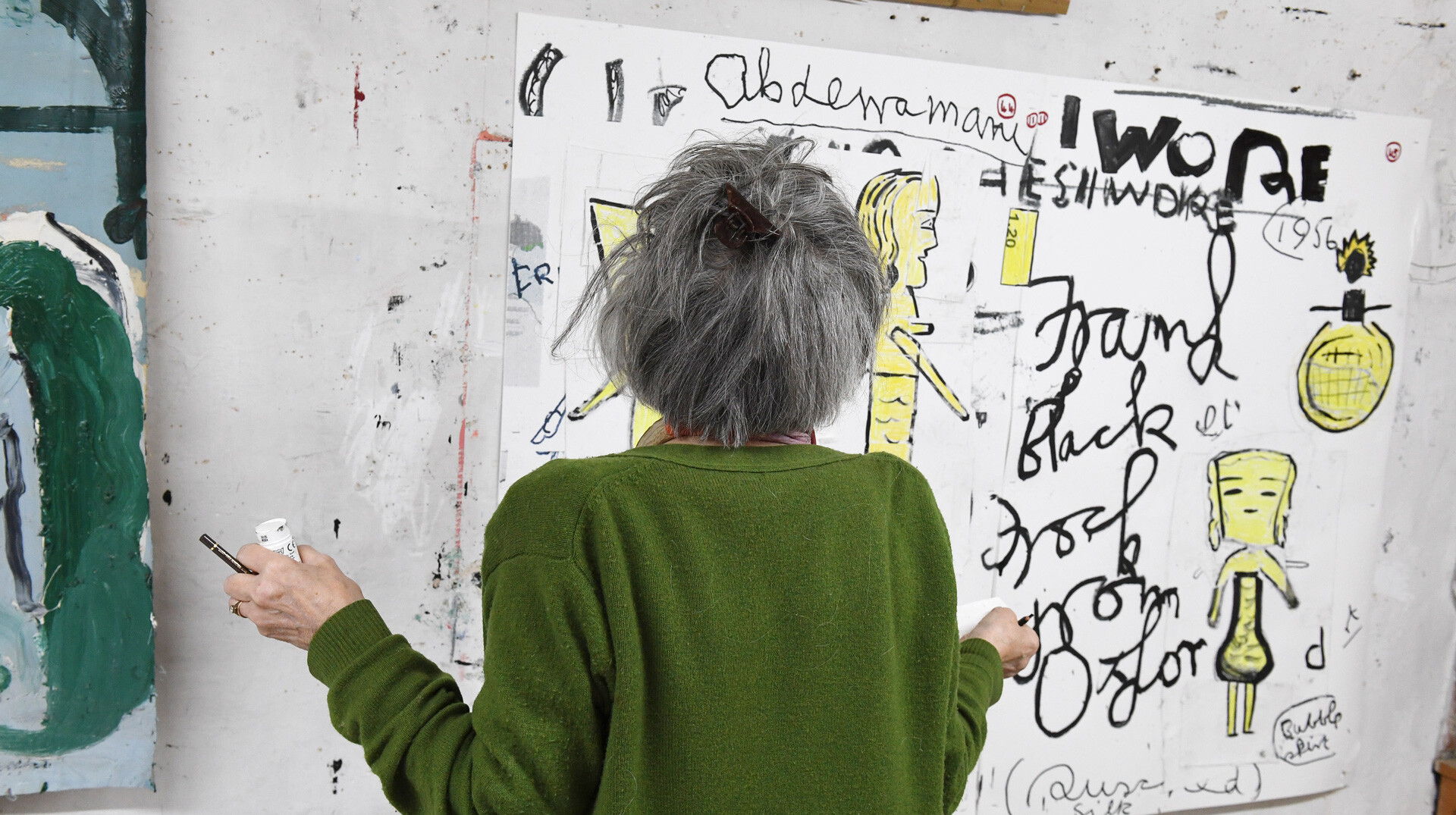 A photo of Rose Wylie at work in her studio, dated 2020.