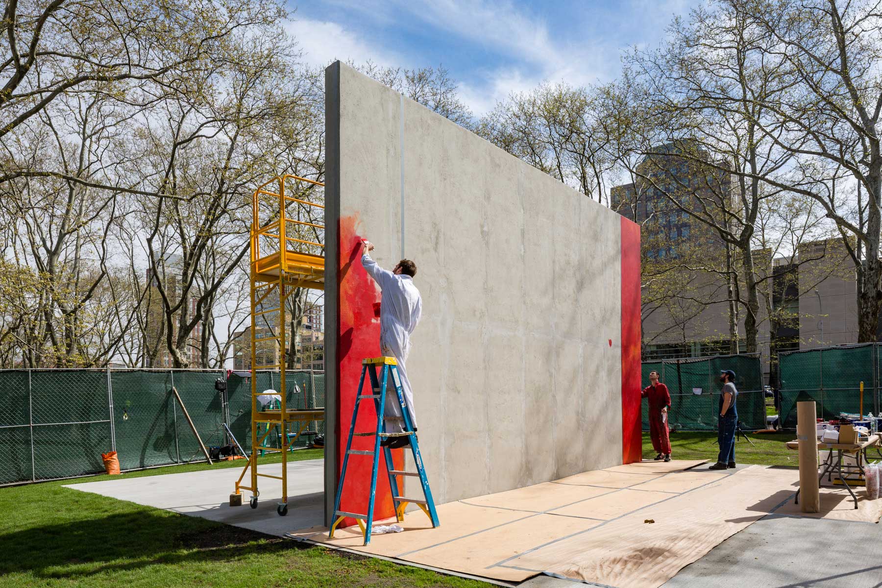 A photograph of Harold Ancart working on Subliminal Standard at Cadman Plaza Park in New York, 2019.