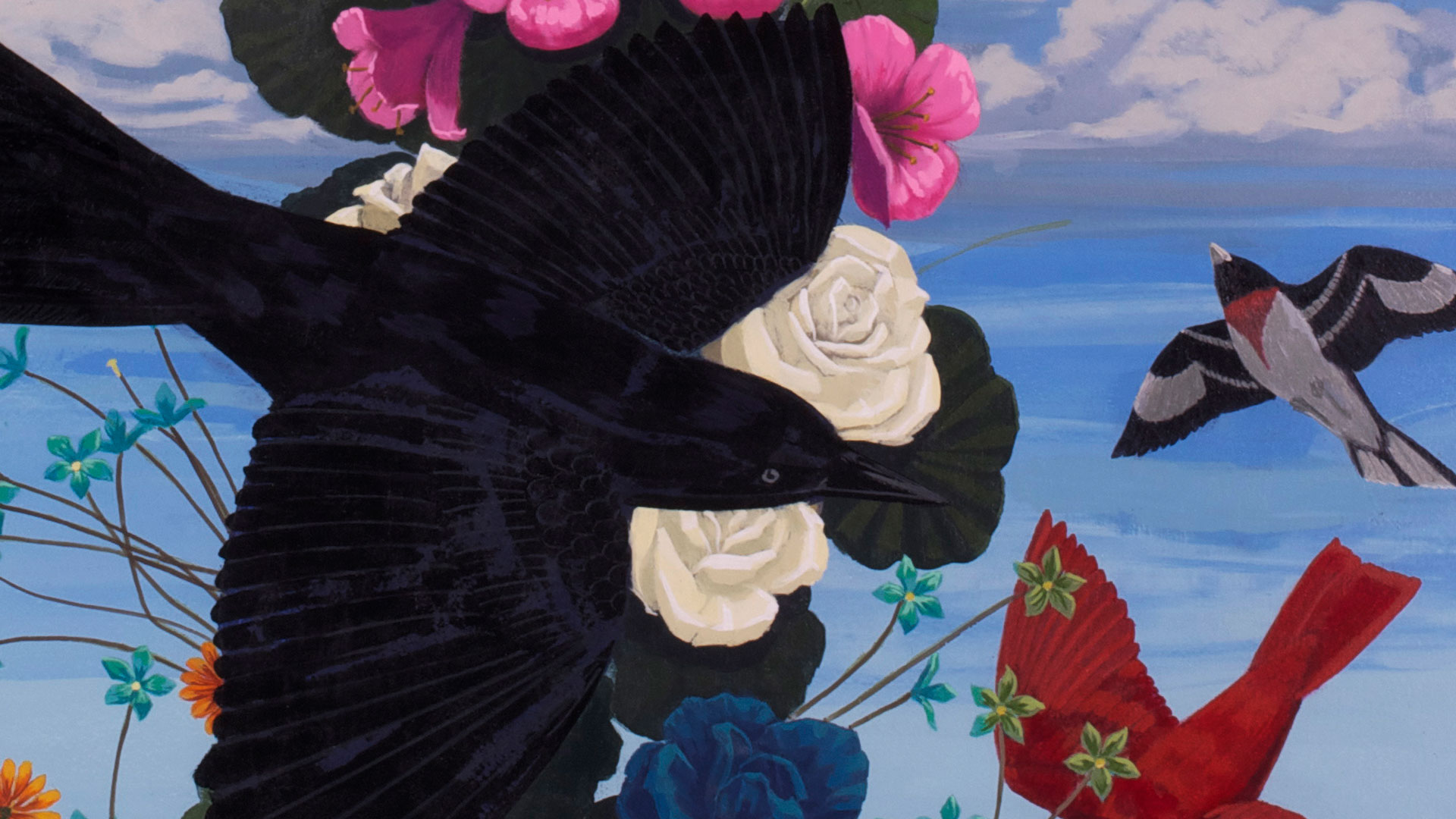 Black and Part-Black (Grackle, Cardinal, & Rose-breasted Grosbeak), Birds in America, dated 2020